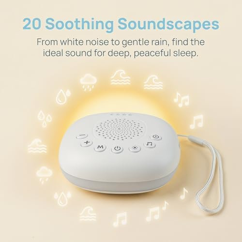 Kdtomoy White Noise Machine, Portable Travel Sound Machine With 20 Soothing Sounds, Rechargeable Baby Sleep Soother With Night Light, Adjustable Volume, Light, Timer For Home, Nursery, Stroller