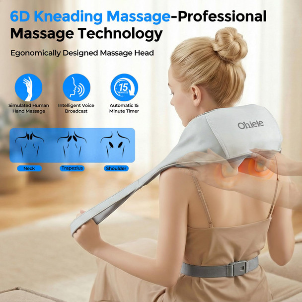 Ohiele Cordless Neck Massager With Heat For Pain Relief,6D Kneading Shiatsu Neck And Shoulder Massager Deep Tissue With Remote,Use At Home, Office, Car - s For Mothers Fathers Day(Cloud Gray)