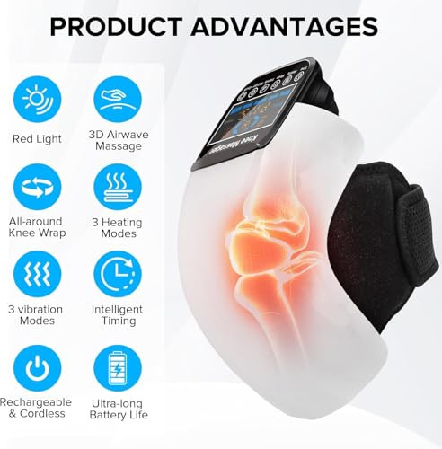 Holloii 4-In-1 Knee Massager Deep Heat Red Light Vibration & 3D Massage Cordless And Portable With Large Led Screen Ideal For Joint Pain Relief & Post-Workout Recovery For Families And Friends