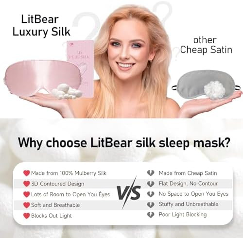 Litbear 100% 22 Momme Mulberry Silk Sleep Mask - 3D Contoured Eye Mask For Men Women, Soft Breathable Sleeping Mask With Adjustable Strap, Perfect Blocks Light For Sleeping (Pale Pink)