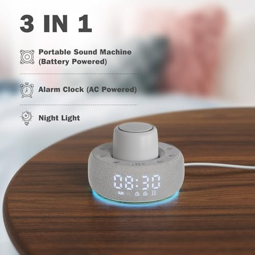Paussion White Noise Machine With Smart Alarm Clock, 25 Soothing Sounds, Portable Sleep Sound Machine Aid For Baby, Kids, Adults, Office, Dimmable Timer, 7 Night Light Colors For Privacy Bedroom, Gray