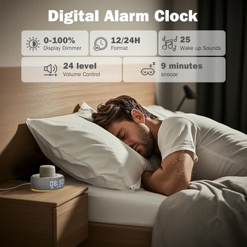 Paussion White Noise Machine With Smart Alarm Clock, 25 Soothing Sounds, Portable Sleep Sound Machine Aid For Baby, Kids, Adults, Office, Dimmable Timer, 7 Night Light Colors For Privacy Bedroom, Gray