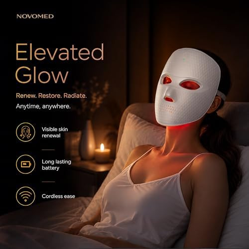 Novomed Red Light Therapy For Face - Red Light Mask - 7 Color Led Face Mask Light Therapy - Wireless And Rechargeable Wellness Beauty Device - Lightweight Face Contoured Design