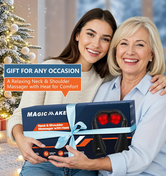 Magicmakers Neck Massager For Pain Relief Deep Tissue With Heat - Shiatsu Back And Shoulder Massage, Mothers Day s For Mom Wife Women Her, Dad Men Him, Christmas, Fathers Day, Plug-In Use For Home Office Car