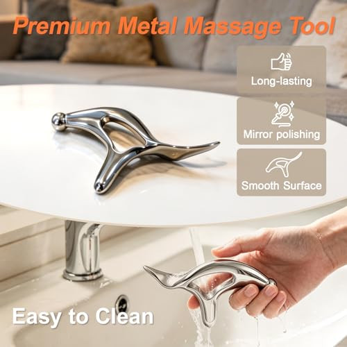 Olaemuo Pressure Point Massage Tool For Deep Tissue - Metal Muscle Scraper Gua Sha Tools For Fascia Release, Thumb Saver Acupressure Tool For Trigger Point & Pain Relief, Travel Pouch