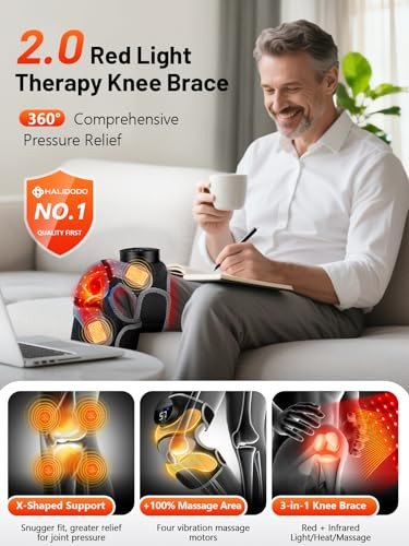 Halidodo Upgrade 4 Massage Area Knee Brace & Red Light Therapy For Knee, Cord-Free Rechargeable Controller, 20Min Auto Shut-Off, 660Nm & 850Nm Red Light Therapy Device For Knee/Elbow/Shoulder.