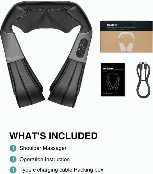 Nekteck Shiatsu Neck And Back Massager With Soothing Heat, Electric Deep Tissue 3D Kneading Massage Pillow For Shoulder Leg Body Muscle Pain Relief, 3 Speed Intensities (Rechargeable)