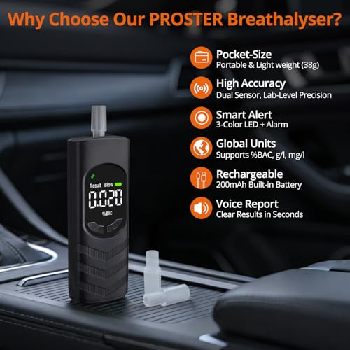 Proster Dual-Sensor Portable Breathalyzer With Voice Prompts & 20 Mouthpieces - Rechargeable Digital Alcohol Tester Professional Accuracy, Fast 4-Second Results For Personal & Workplace Use