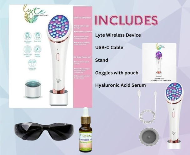 Lift Care Lyte Wireless Duo Led Light Therapy Red & Blue Light Therapy Wand For Face Includes Hyaluronic Serum W/Automatic Sensor Wrinkle Reduction Facial Handheld Tool