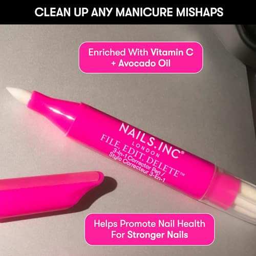 Nails Inc File Edit Delete 3-In-1 Corrector Pen Cuticle Pusher Nail Shaper Nail Polish Remover Precision Pointed Tip Easy Clean Up able Fine Pen Tips Clean Gentle Formula 0.13 Fl