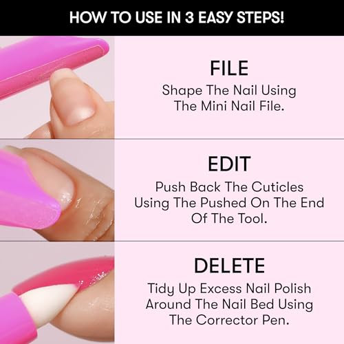 Nails Inc File Edit Delete 3-In-1 Corrector Pen Cuticle Pusher Nail Shaper Nail Polish Remover Precision Pointed Tip Easy Clean Up able Fine Pen Tips Clean Gentle Formula 0.13 Fl