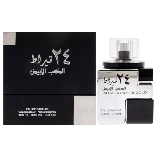 Lattafa 24 Carat White Gold Fresh Spicy Woody Eau De Parfum Spray Long-Lasting Fragrance For Unisex 3.4 Ounce / 100 Ml