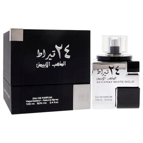 Lattafa 24 Carat White Gold Fresh Spicy Woody Eau De Parfum Spray Long-Lasting Fragrance For Unisex 3.4 Ounce / 100 Ml