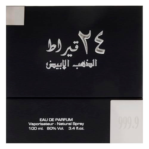 Lattafa 24 Carat White Gold Fresh Spicy Woody Eau De Parfum Spray Long-Lasting Fragrance For Unisex 3.4 Ounce / 100 Ml