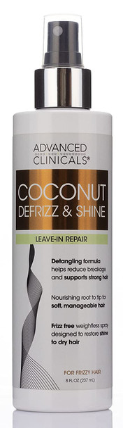 Coconut Defrizz & Detangle Spray Pure Hydrating Leave-In Conditioner Strengthens & Shines Frizzy, Weak, Damaged Hair DEA, Paraben, & Sulfate-Free, Color Safe by Advanced Clinicals, 8 Fl. Oz.