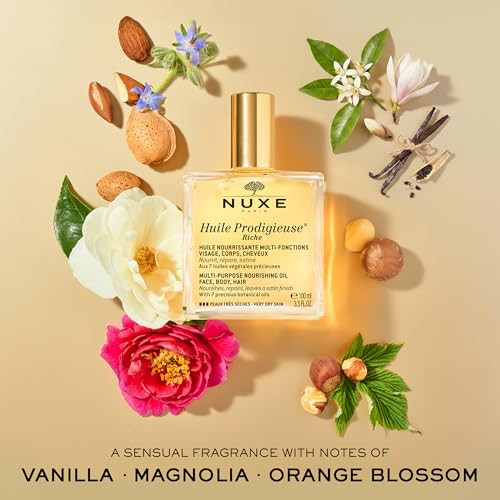 Nuxe Huile Prodigieuse Riche Multi-Purpose Oil For Very Dry Skin With 7 Botanical Oils Intense Hydration For Face Body & Hair 3.3 Fl Oz