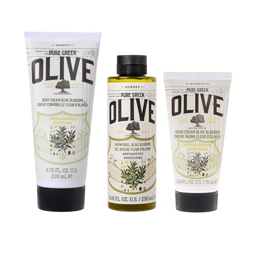 Korres Olive Blossom Body Care Set Hydrating Shower Gel (8.45 Fl Oz) Nourishing Body Cream (6.76 Fl Oz) & Hand Cream (2.54 Fl Oz) Greek Olive Oil Skincare Set For Dry Skin