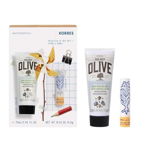 Korres Winter Moisturizing Botanical Duo For Soft Skin Hand & Lip Care Set With Olive Sea Salt Cream 2.54 Fl Oz And Thyme Honey Balm 0.15 Oz