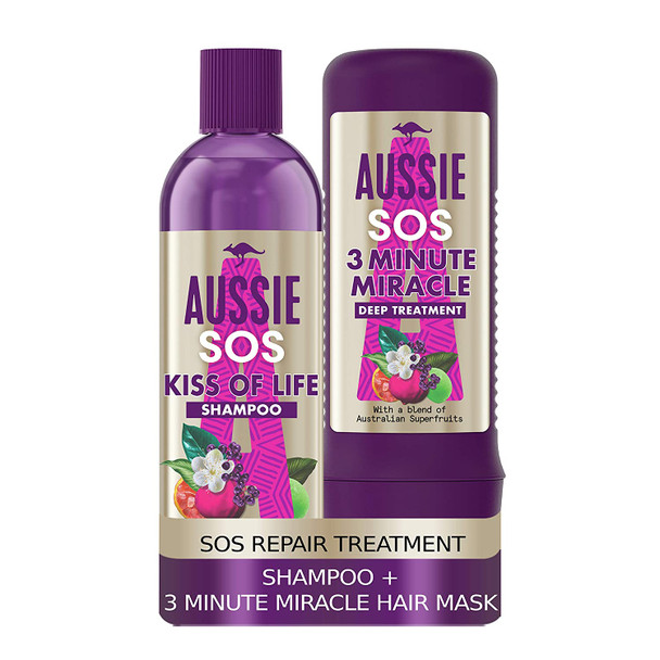 Aussie SOS Shampoo And Deep Treatment Hair Mask Set for Dry Damaged Hair, Kiss of Life Hair Repair Hair Care Set With Australian Superfoods, Shampoo (290 ml) + 3 Minute Miracle Hair Mask (225 ml)