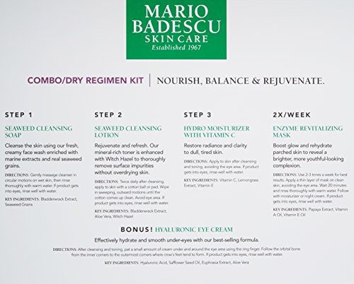 Mario Badescu Combo/Dry Regimen 5 Piece Kit Skincare Set Includes Seaweed Cleansing Soap Seaweed Cleansing Lotion Hydro Moisturizer Enzyme Revitalizing Mask And Hyaluronic Eye Cream