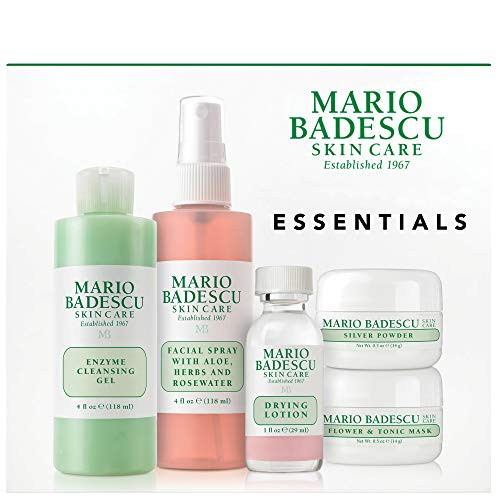Mario Badescu Essentials 5 Piece Kit Skincare Set With Drying Lotion Rose Water Facial Spray Silver Powder Enzyme Cleansing Gel And Flower & Tonic Mask