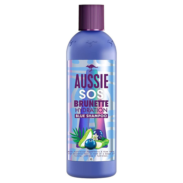 Aussie SOS Brunette Hair Hydration Vegan Blue Shampoo for Brunette Hair In Need of a Hydration Boost, With Australian Pepperberry & Aloe Vera, 290ml