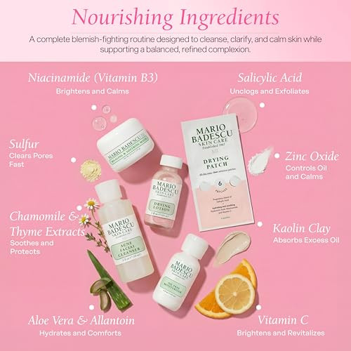 Mario Badescu Good Skin Is Forever & Clear 5-Piece Set Acne Facial Cleanser Drying Lotion Pimple Patch Oil-Free Moisturizer & Soothing Face Mask For Oily & Blemish-Prone Skin
