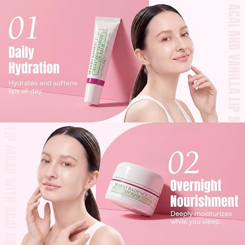 Mario Badescu Day To Night Duo Coconut-Flavored Hydrating Lip Balm & Acai Vanilla Overnight Lip Mask For Soft Smooth Nourished Moisturized Lips Daytime & Overnight Care