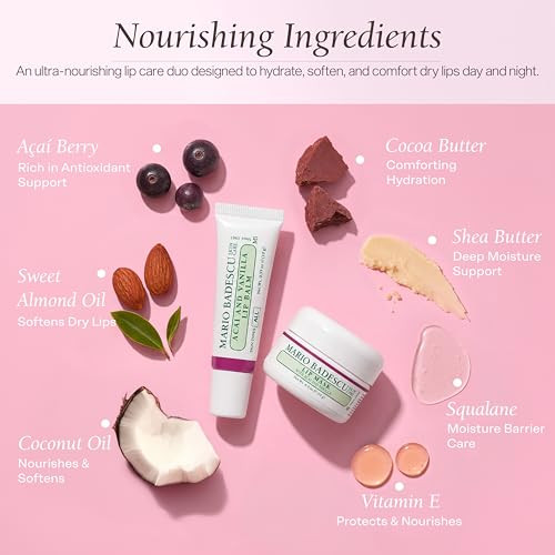 Mario Badescu Day To Night Duo Coconut-Flavored Hydrating Lip Balm & Acai Vanilla Overnight Lip Mask For Soft Smooth Nourished Moisturized Lips Daytime & Overnight Care
