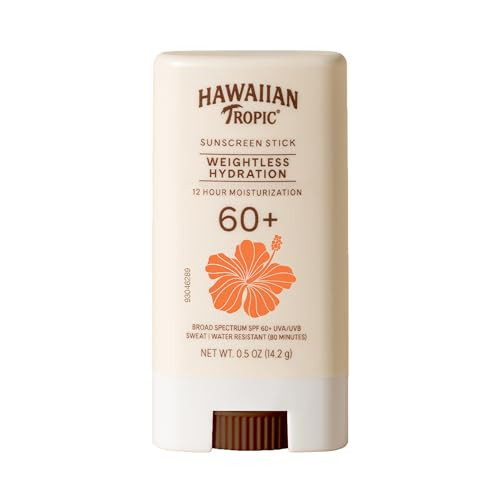 Hawaiian Tropic Weightless Hydration Sunscreen Stick Spf 60+ | Travel Size Sunscreen For Face And Body Mini Sunblock Stick Beach Essentials Oil Free Non Comedogenic Dermatologist Tested 0.5Oz
