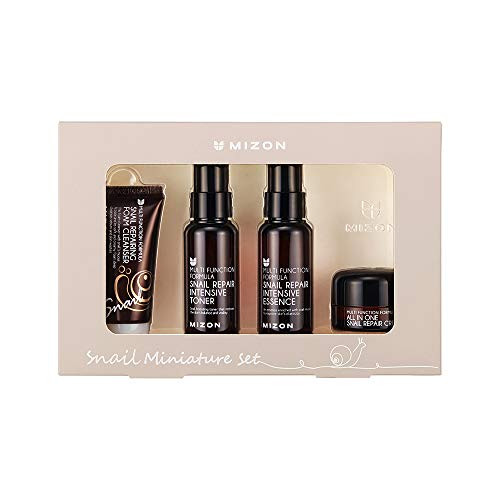 Mizon Snail Line Set Korean Snail Skincare Essentials Set Mini Sized Snail Foam Cleanser Toner Essence And All In One Facial Cream To Improve Skin Tone Fine Wrinkles Smooth Moisturize.