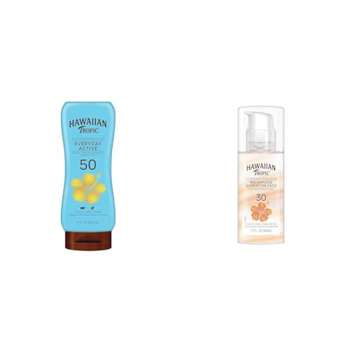Hawaiian Tropic Everyday Active Lotion Sunscreen Spf 50 8Oz & Weightless Hydration Face Sunscreen Spf 30 1.7Oz Bundle