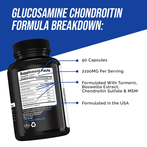ORPHIC NUTRITION Glucosamine Chondroiting MSM 2100MG (90 Caps) - Joint Support Supplement for Men & Women* - Supports Joint Cartilage & Mobility