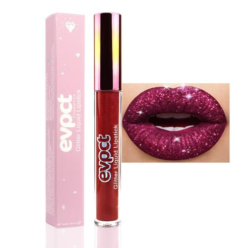 Evpct Dark Red Glitter Metallic Shimmer Diamond Lipstick Lip Gloss Stain Set For Women Long Lasting Waterproof Hot Bright Red Sparkle Glitter Matte Long Wear Liquid Lipstick Lip Makeup Kit 1Pcs
