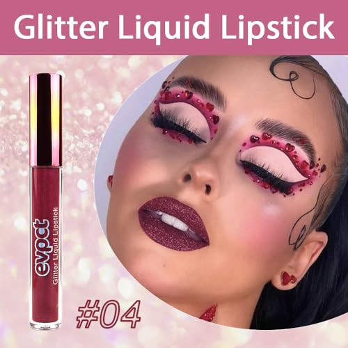 Evpct Dark Red Glitter Metallic Shimmer Diamond Lipstick Lip Gloss Stain Set For Women Long Lasting Waterproof Hot Bright Red Sparkle Glitter Matte Long Wear Liquid Lipstick Lip Makeup Kit 1Pcs