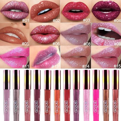 Evpct Dark Red Glitter Metallic Shimmer Diamond Lipstick Lip Gloss Stain Set For Women Long Lasting Waterproof Hot Bright Red Sparkle Glitter Matte Long Wear Liquid Lipstick Lip Makeup Kit 1Pcs