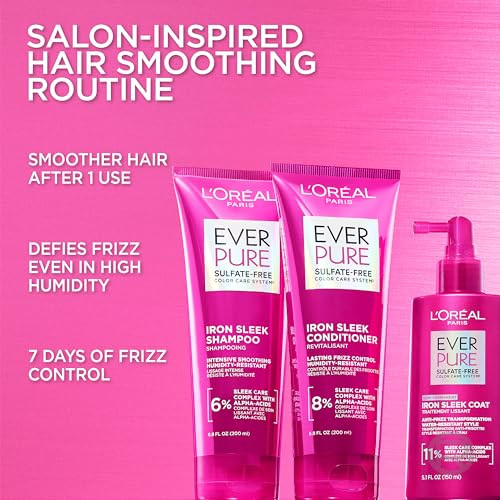 L'oreal Paris Sulfate Iron Sleek Smoothing Shampoo And Conditioner Set Frizz Control And Humidity-Resistant Formula With Alpha-Acids Suitable For Color-Treated Hair Everpure Set 13.6 Fl Oz