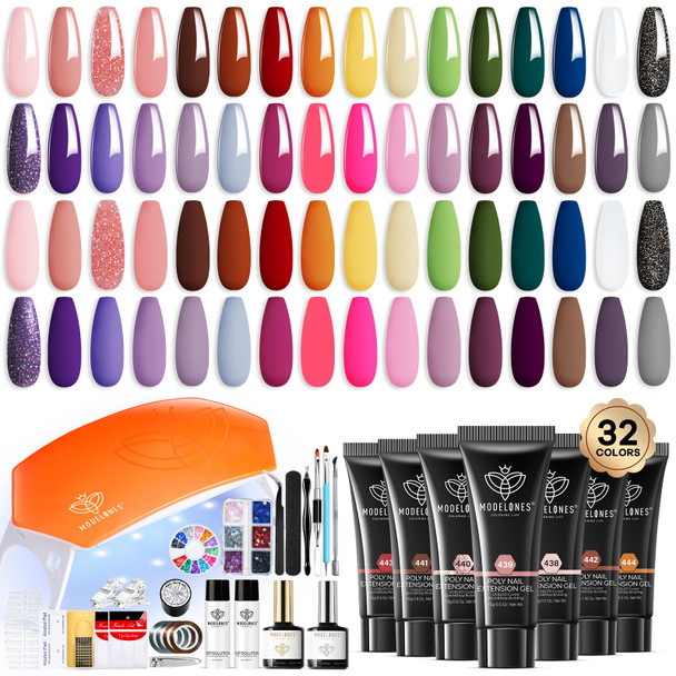 Modelones Poly Extension Gel Nail Kit 32 Colors All Seasons Poly Gel Kit With Nail Forms Lamp Slip Solution Builder Thickening Manicure Tools For Starter Salon Diy 133Pcs