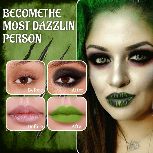 Hosaily Green Matte Liquid Lipstick Set With Black Eyeshadow Powder Halloween Goth Lip Gloss Waterproof Longlasting Diy Cute Unique Makeup Lip Stain For Rave Festival Accessories Cosplay Party