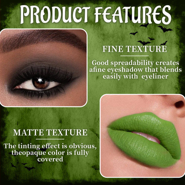 Hosaily Green Matte Liquid Lipstick Set With Black Eyeshadow Powder Halloween Goth Lip Gloss Waterproof Longlasting Diy Cute Unique Makeup Lip Stain For Rave Festival Accessories Cosplay Party