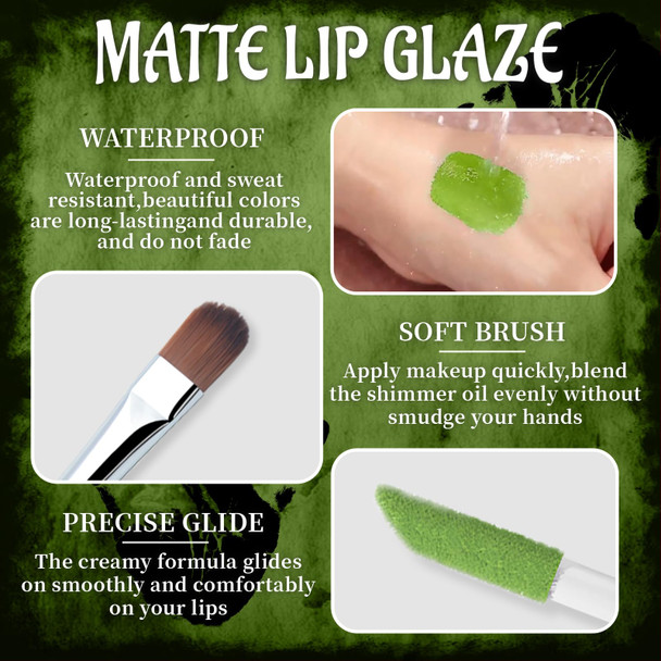 Hosaily Green Matte Liquid Lipstick Set With Black Eyeshadow Powder Halloween Goth Lip Gloss Waterproof Longlasting Diy Cute Unique Makeup Lip Stain For Rave Festival Accessories Cosplay Party