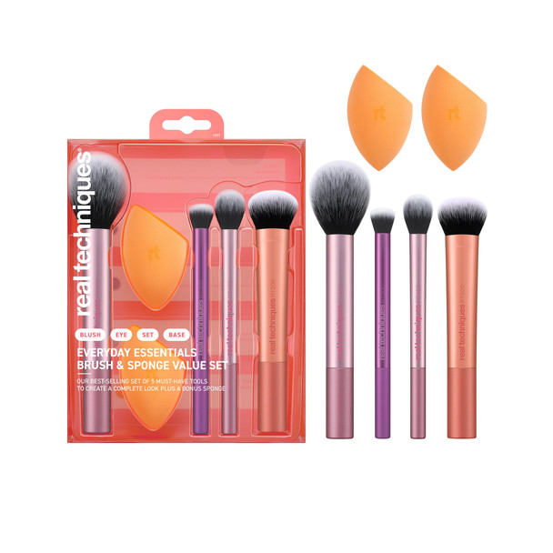 Real Techniques Everyday Essentials Makeup Brush Set Includes 4 Brushes & 2 Makeup Sponges For Foundation Blush Bronzer Contour Eyeshadow & Powder Travel Set Cruelty- & Vegan 6 Piece