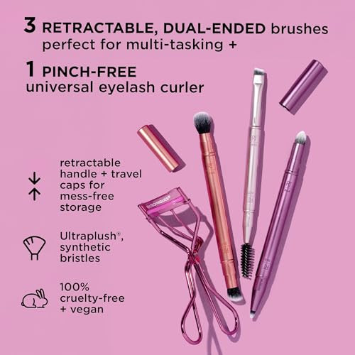 Real Techniques Double Time Brush + Lash Set Dual-Ended Eye Makeup Brushes For Eyeshadow & Brows Travel-Friendly Brush Caps For Storage Eyelash Curler Included Cruelty- 4 Piece