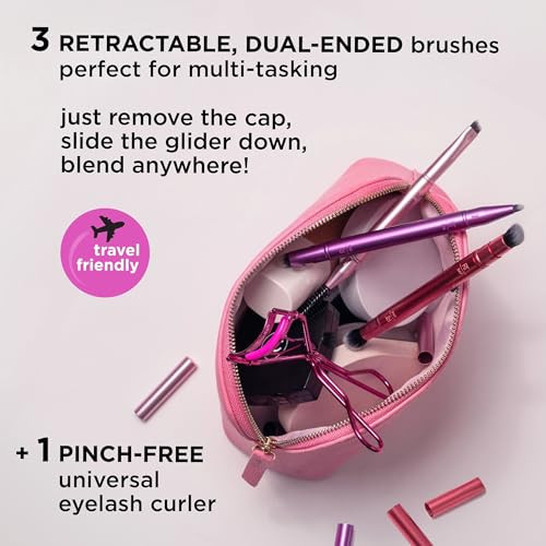 Real Techniques Double Time Brush + Lash Set Dual-Ended Eye Makeup Brushes For Eyeshadow & Brows Travel-Friendly Brush Caps For Storage Eyelash Curler Included Cruelty- 4 Piece