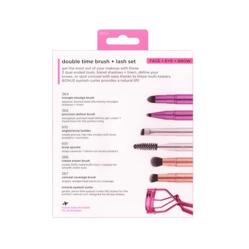 Real Techniques Double Time Brush + Lash Set Dual-Ended Eye Makeup Brushes For Eyeshadow & Brows Travel-Friendly Brush Caps For Storage Eyelash Curler Included Cruelty- 4 Piece