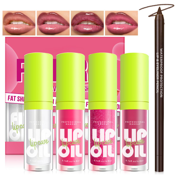 Hosaily 4 Colors Hydrating Lip Oil Plumping + Lip Liner Set Shiny Glow Reviver Lip Care Oil Moisturizing Big Brush Head Clear Pink Glitter Transparent Lip Gloss Combo Makeup Present For Women