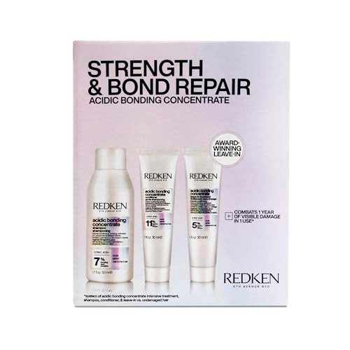 Redken Acidic Bonding Concentrate Mini Kit Strengthening Shampoo Conditioner & Leave In Treatment For Damaged Hair Reduces Breakage & Split Ends Travel Size