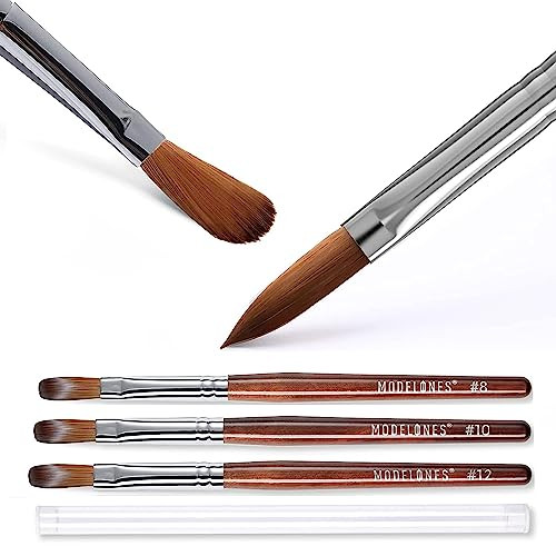 Modelones Kolinsky Acrylic Nail Brush Set Size 8/10/12 Round Shaped Nail Brushes For Acrylic Powder Gel Polish Extension Gel 3D Carving & Detailing Design With Wooden Handle Salon & Diy Use