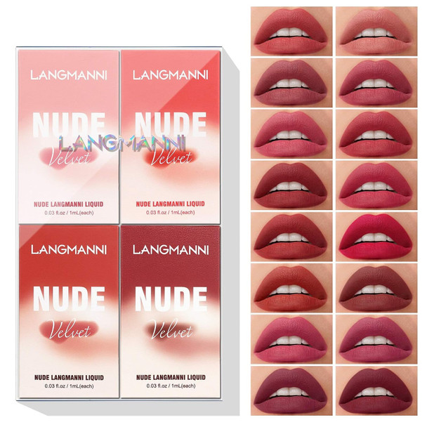 Langmanni Matte Liquid Lipstick Makeup Set Velvety Liquid Lipstick Long Lasting Durable Nude Lip Gloss Beauty Cosmetics Set For Girls And Women ( Set) 16Pcs