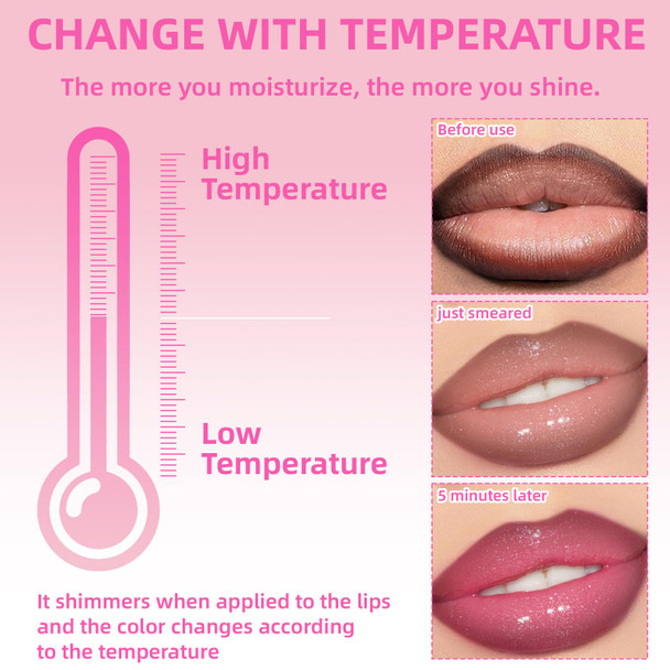 Hosaily Color Changing Lip Oil With Brown Lip LinerBig Brush Head Hydrating Non-Sticky Moisturizing Lightweight Magic Pink Glitter Tinted Lip Gloss For Women Plumping Lip Glow Oil For Dry Lips Makeup